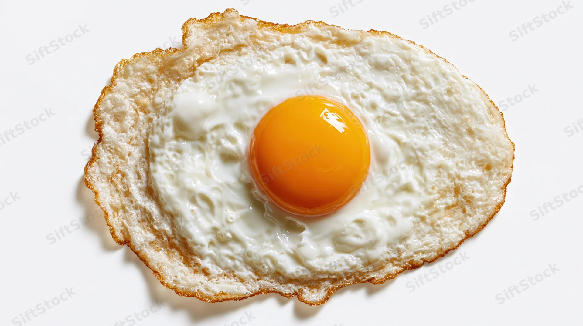 Fried egg sunny-side up viewed from directly above on white background
