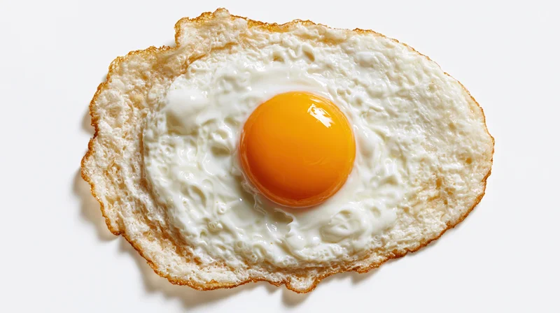Fried egg sunny-side up viewed from directly above on white background