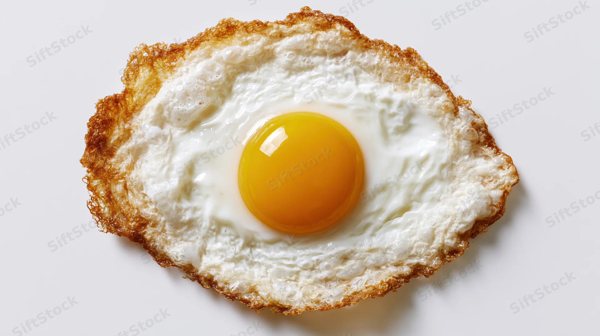 Fried egg sunny side up with crispy lacy browned edges on white surface