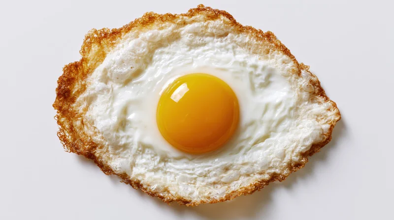 Single fried egg sunny side up crispy lacy browned edges an egg