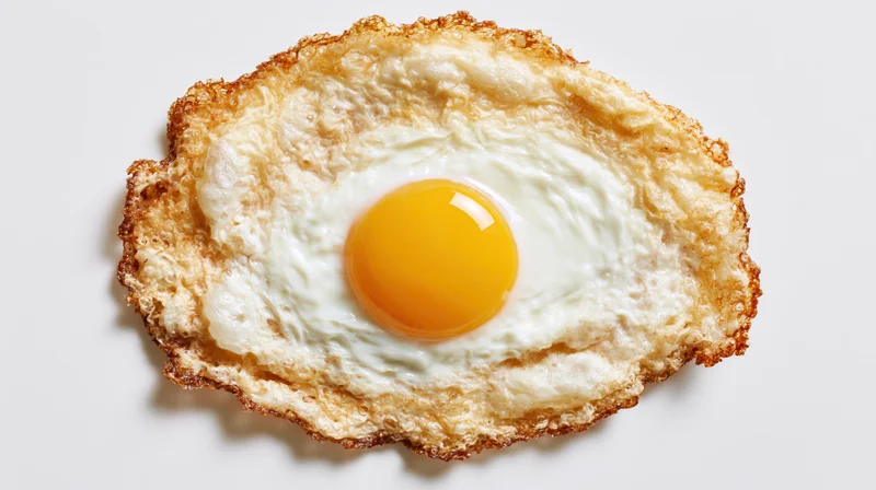 Single fried egg sunny side up with crispy lacy browned edges on white surface