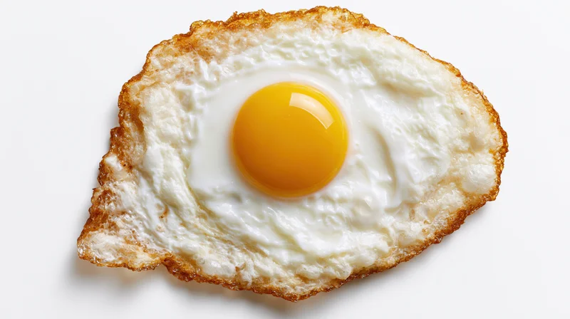 Single fried egg sunny side up with crispy lacy browned edges on white background