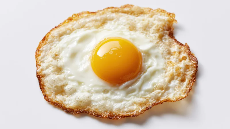 Single fried egg sunny side up with crispy lacy browned edges on white background