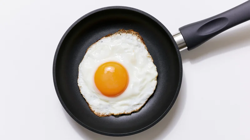 Fried egg in a black nonstick pan on white surface