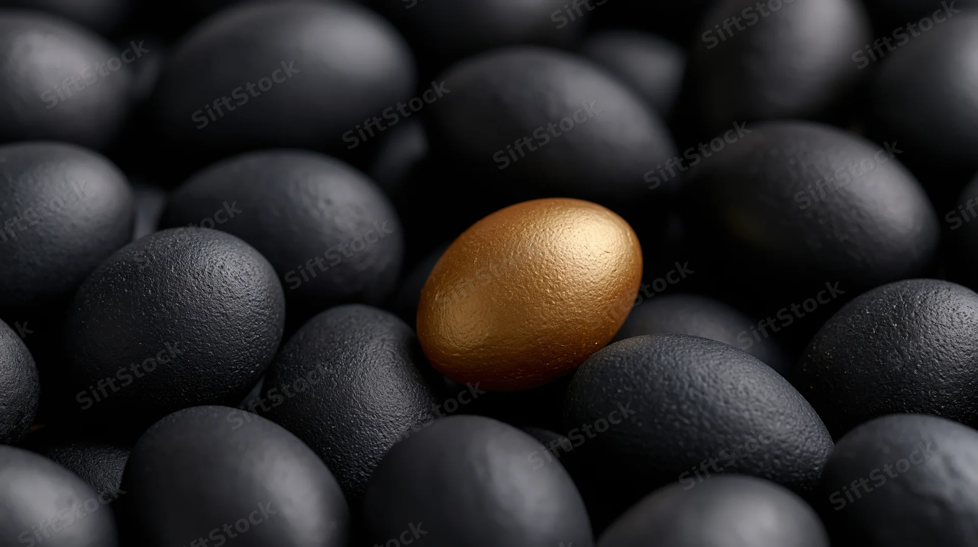 Single gold-painted egg centered among matte black eggs in closeup still life