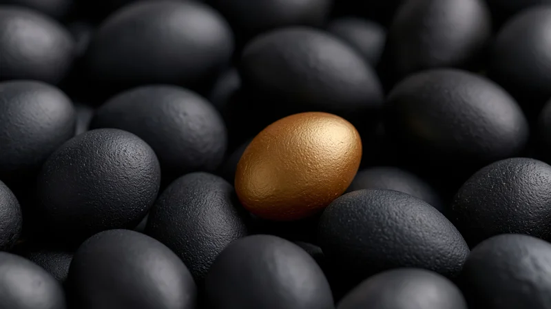 Single gold-painted egg centered among matte black eggs in closeup still life