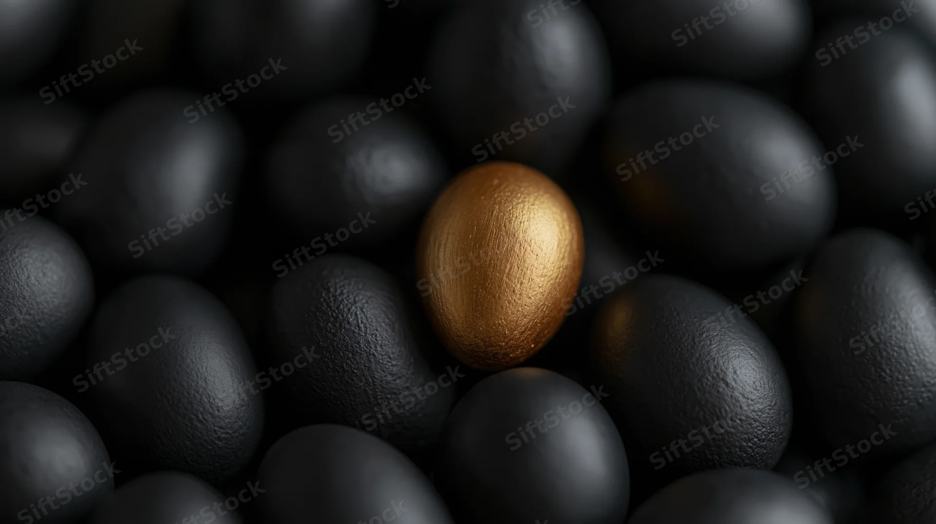 Single gold-painted egg centered among matte black eggs in close-up view