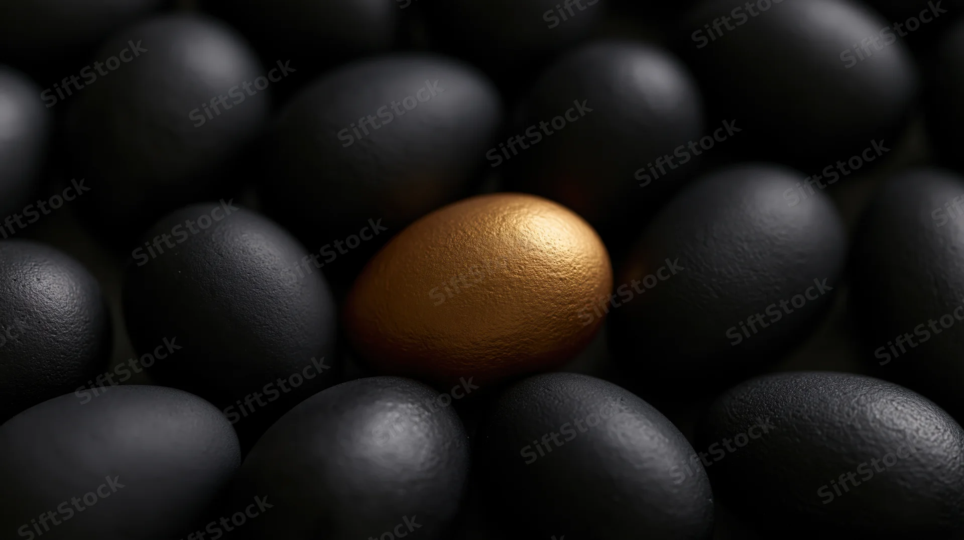 Golden egg among matte black eggs in closeup arrangement