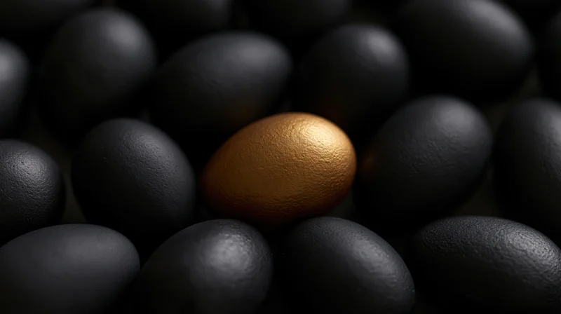 Golden egg among matte black eggs in closeup arrangement