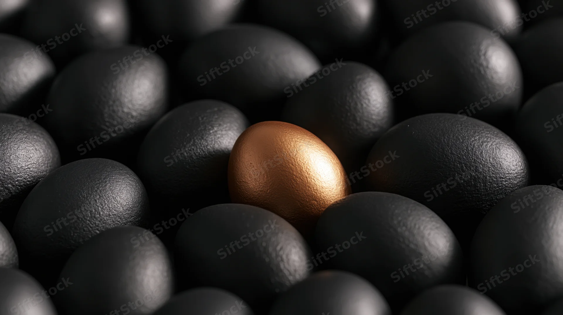 Single gold-painted egg among matte black eggs in a clustered arrangement