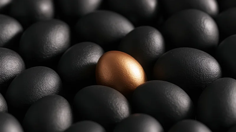 Single gold-painted egg among matte black eggs in a clustered arrangement
