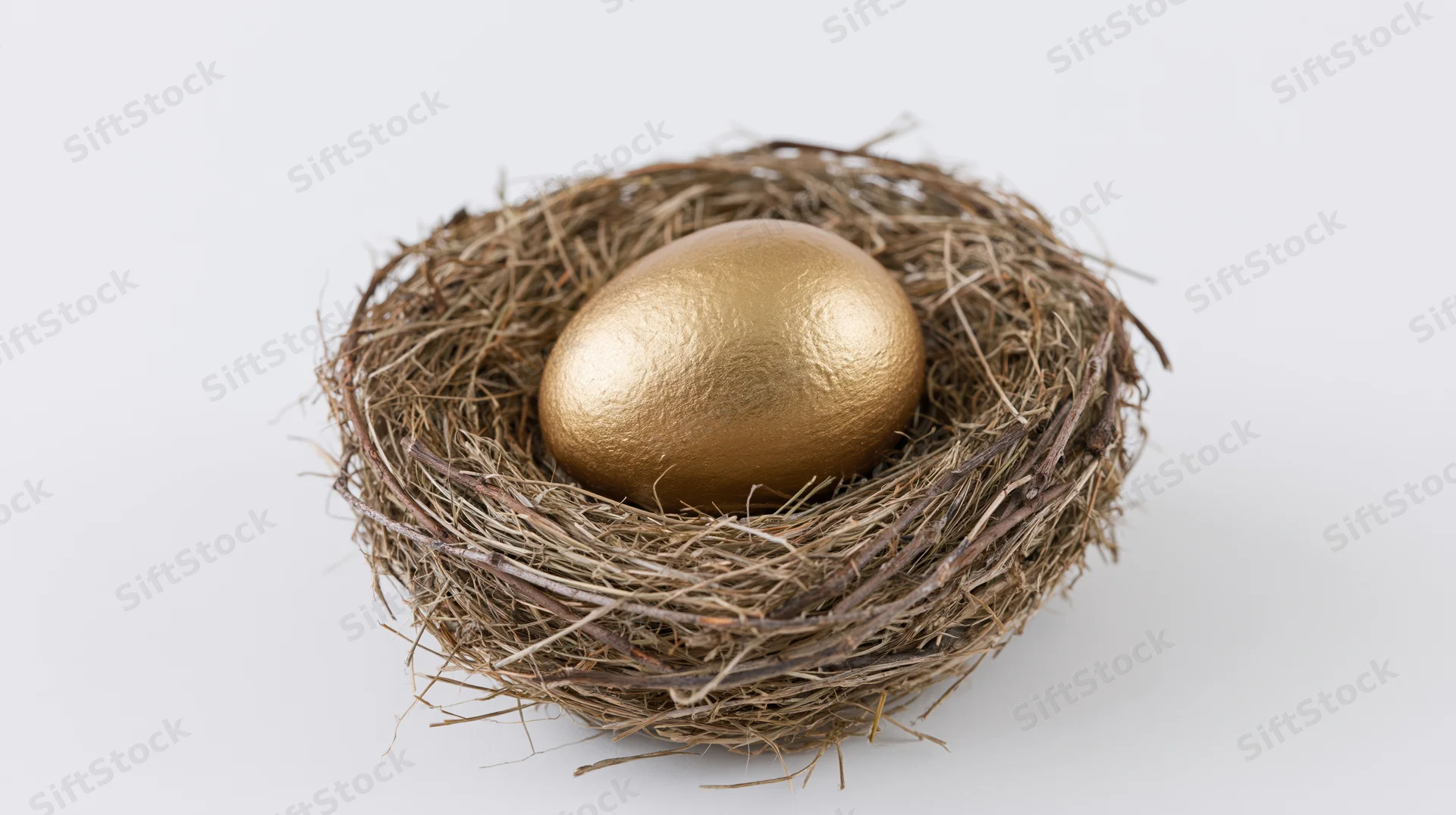 Golden egg resting in a woven bird's nest on white background