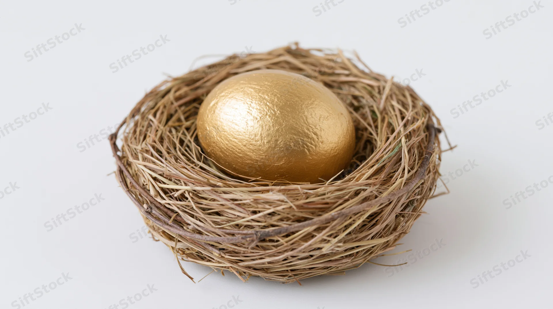 Gold-painted egg resting in a woven bird's nest on white background
