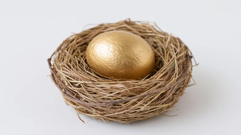 Gold-painted egg resting in a woven bird's nest on white background