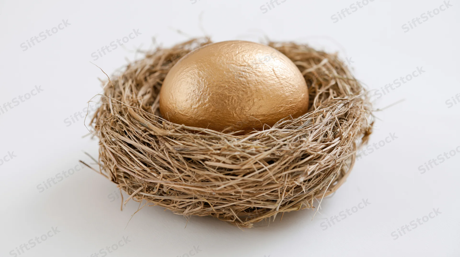 Gold-painted egg resting in a woven bird's nest on white background