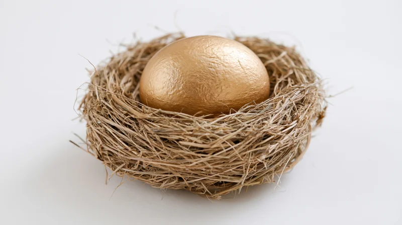 Gold-painted egg resting in a woven bird's nest on white background