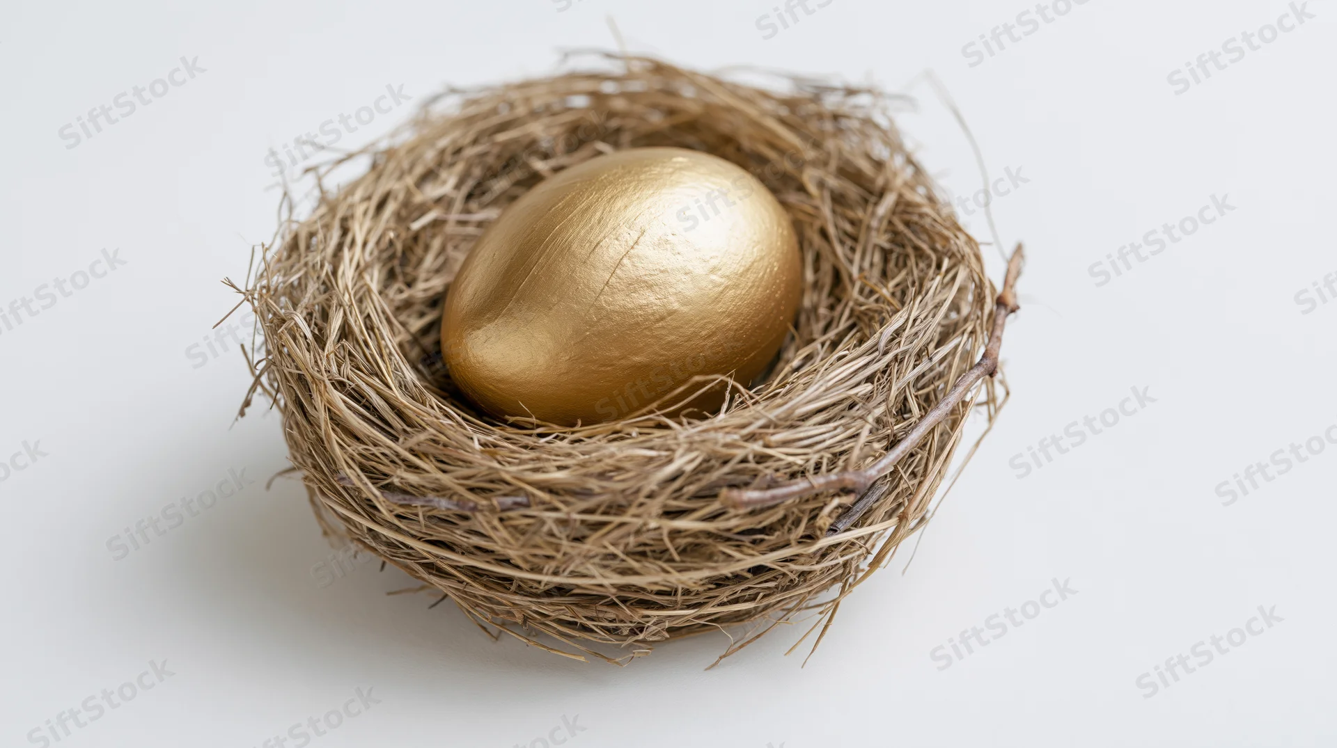 Golden egg resting in a woven bird's nest on white background