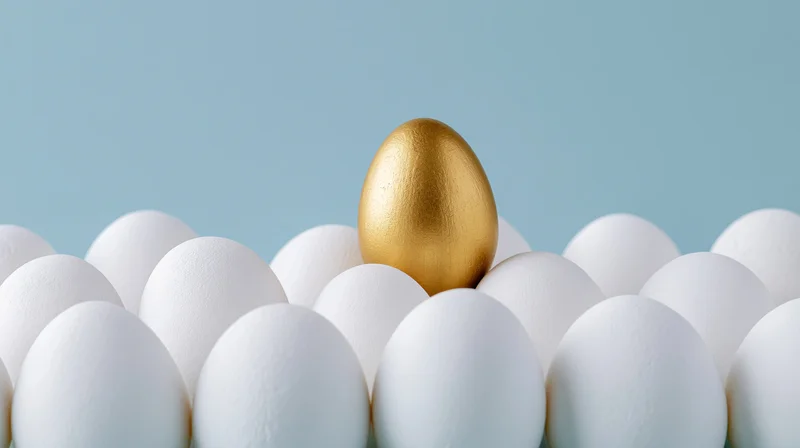 Golden egg standing among white eggs on a blue background