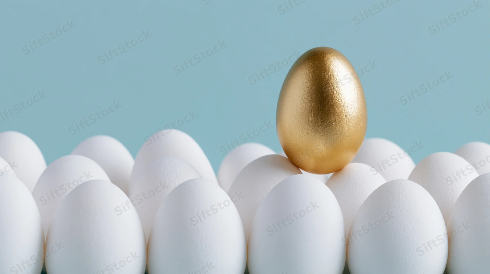 Golden egg standing atop a group of white eggs against a light blue background