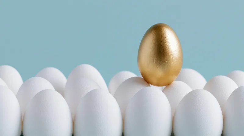 Golden egg standing atop a group of white eggs against a light blue background