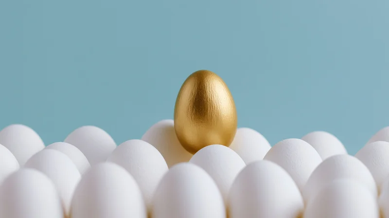 Golden egg standing among white eggs against blue background
