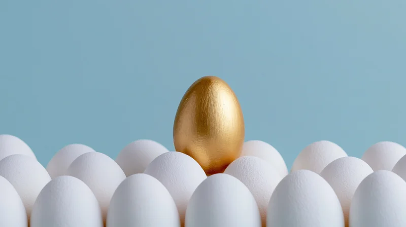 Golden egg standing among white eggs against a blue background