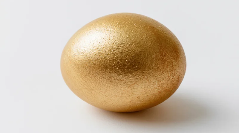 Gold-painted egg standing upright on a white surface