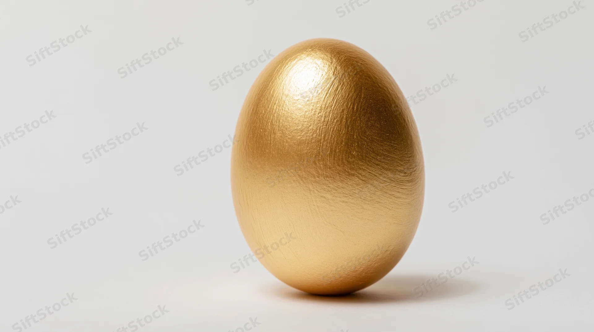 Golden egg standing upright on a white surface