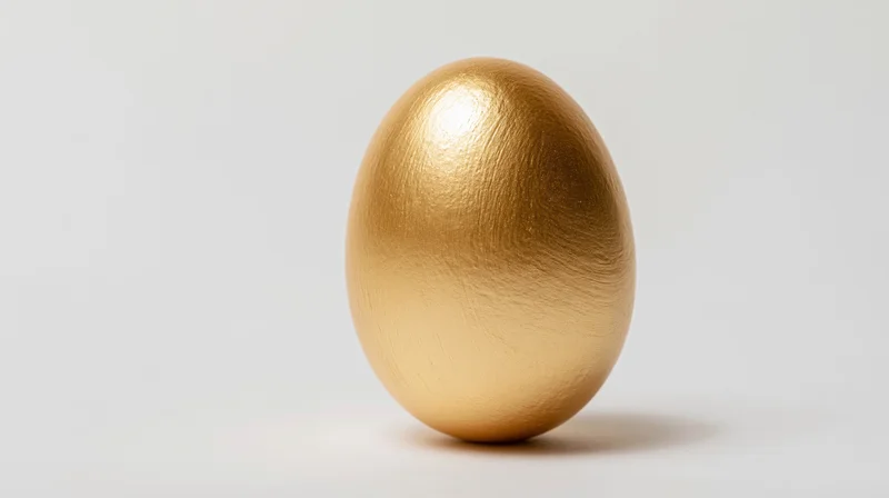 Golden egg standing upright on a white surface