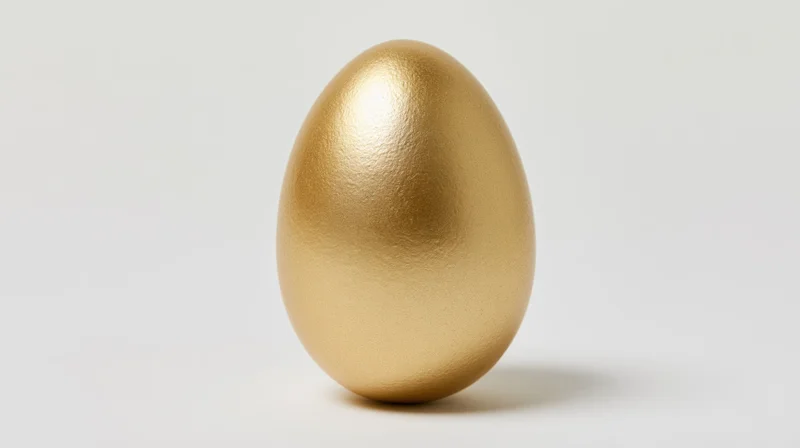 Gold-painted egg standing upright on a plain white surface