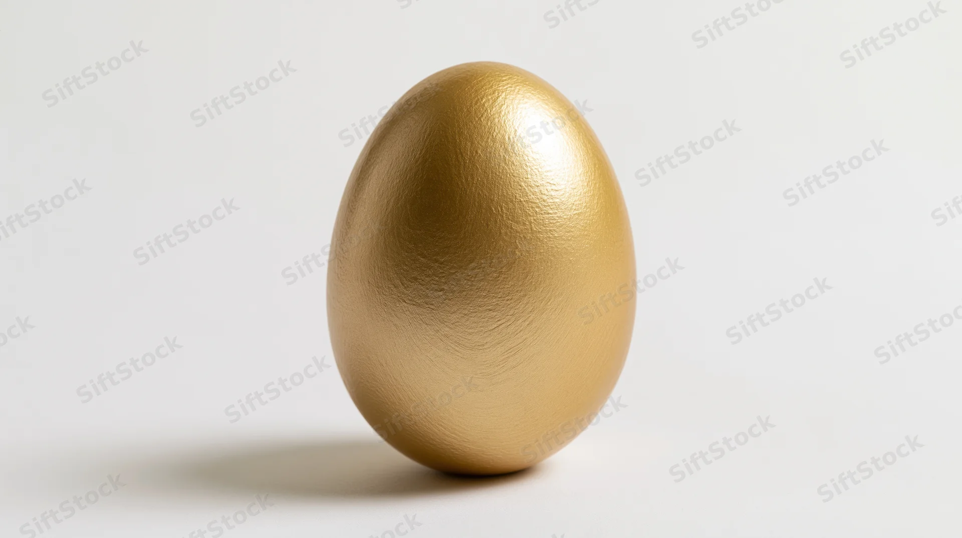 Gold-painted egg standing upright on a plain white surface