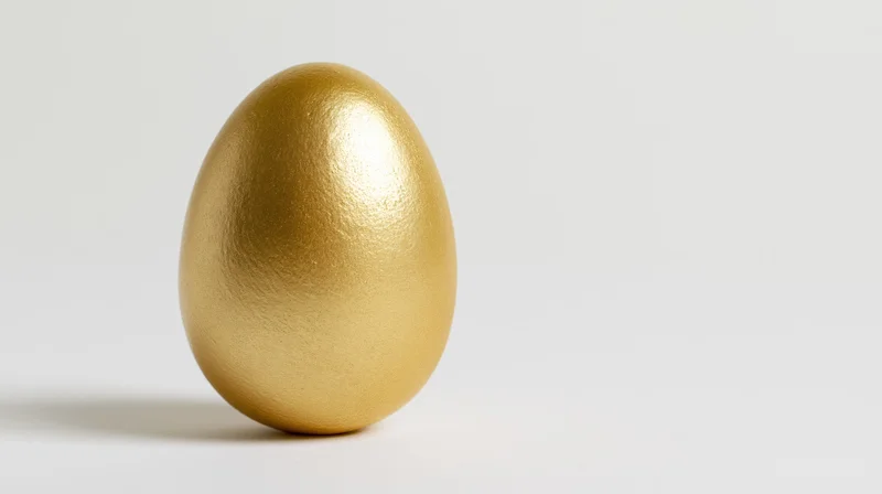 Golden painted egg standing upright on plain white background