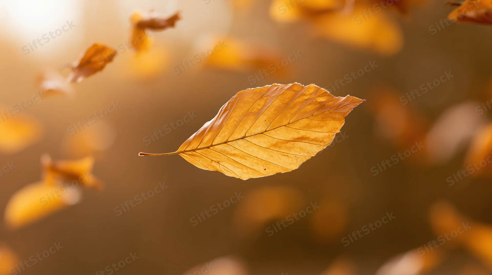 Golden autumn leaf floating in mid-air against a blurred natural background
