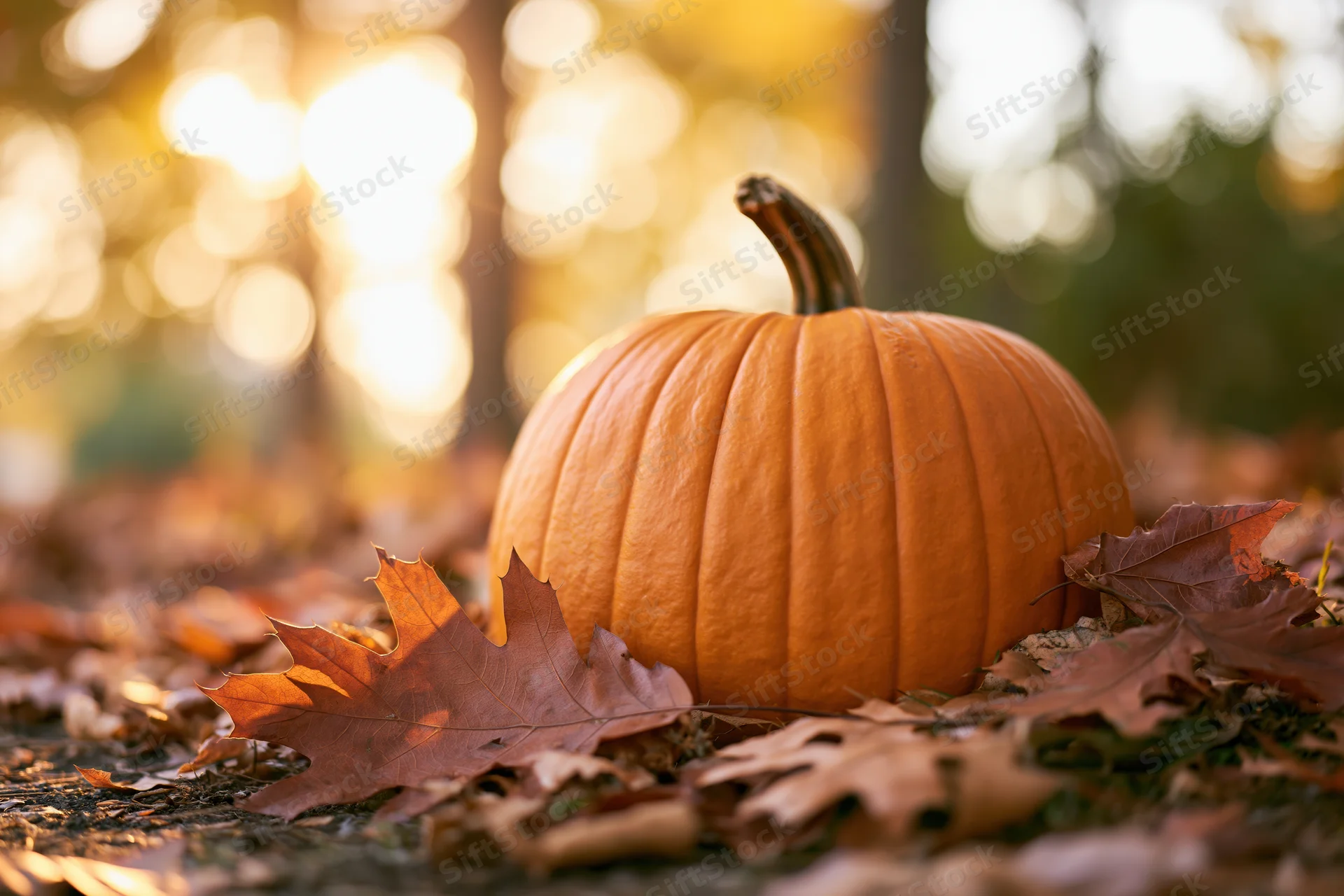 Large orange pumpkin resting on fallen leaves in a sunlit forest clearing