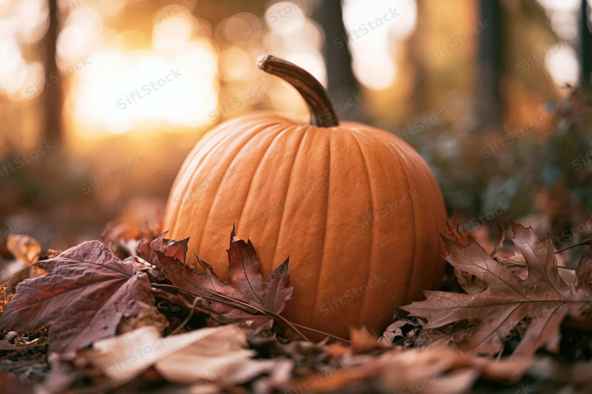 Large orange pumpkin resting among dry fallen leaves in a forest at golden hour