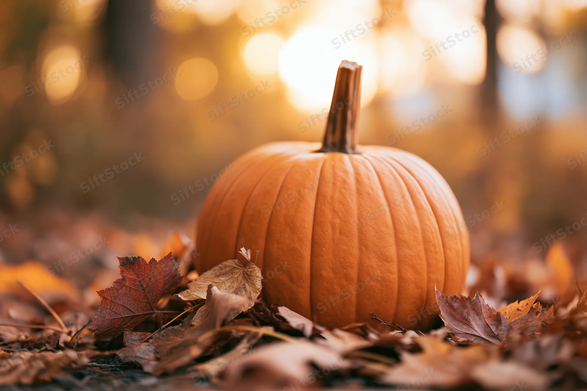 Orange pumpkin resting among dry fallen leaves in a forest setting with warm bokeh lights in the background
