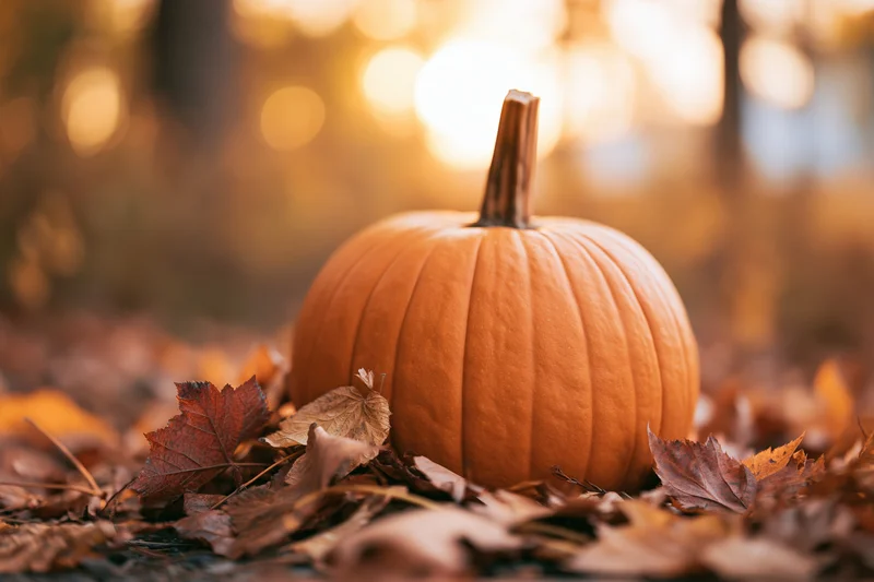 Orange pumpkin resting among dry fallen leaves in a forest setting with warm bokeh lights in the background