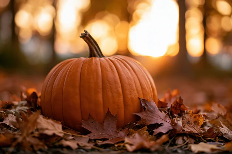 Large orange pumpkin resting among dry fallen leaves in a forest at golden hour