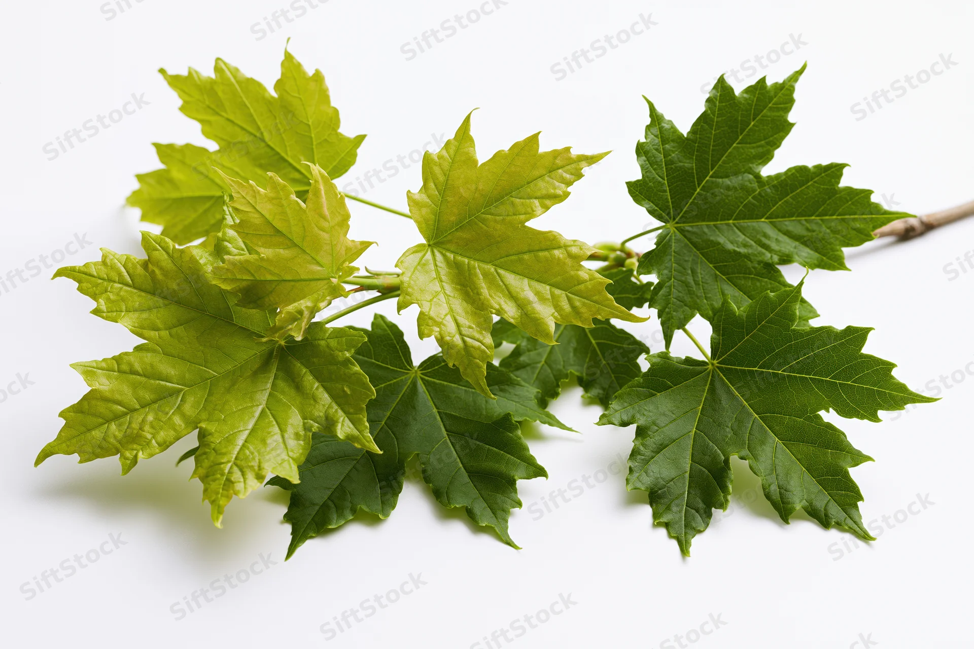 Maple branch with fresh green lobed leaves spreading on white background
