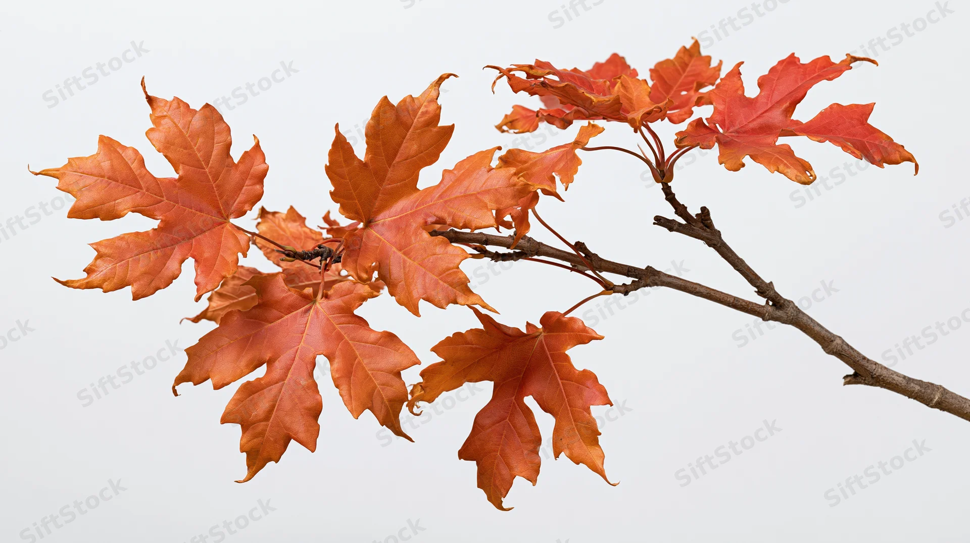 Maple branch with autumn leaves in peak fall color isolated on white background