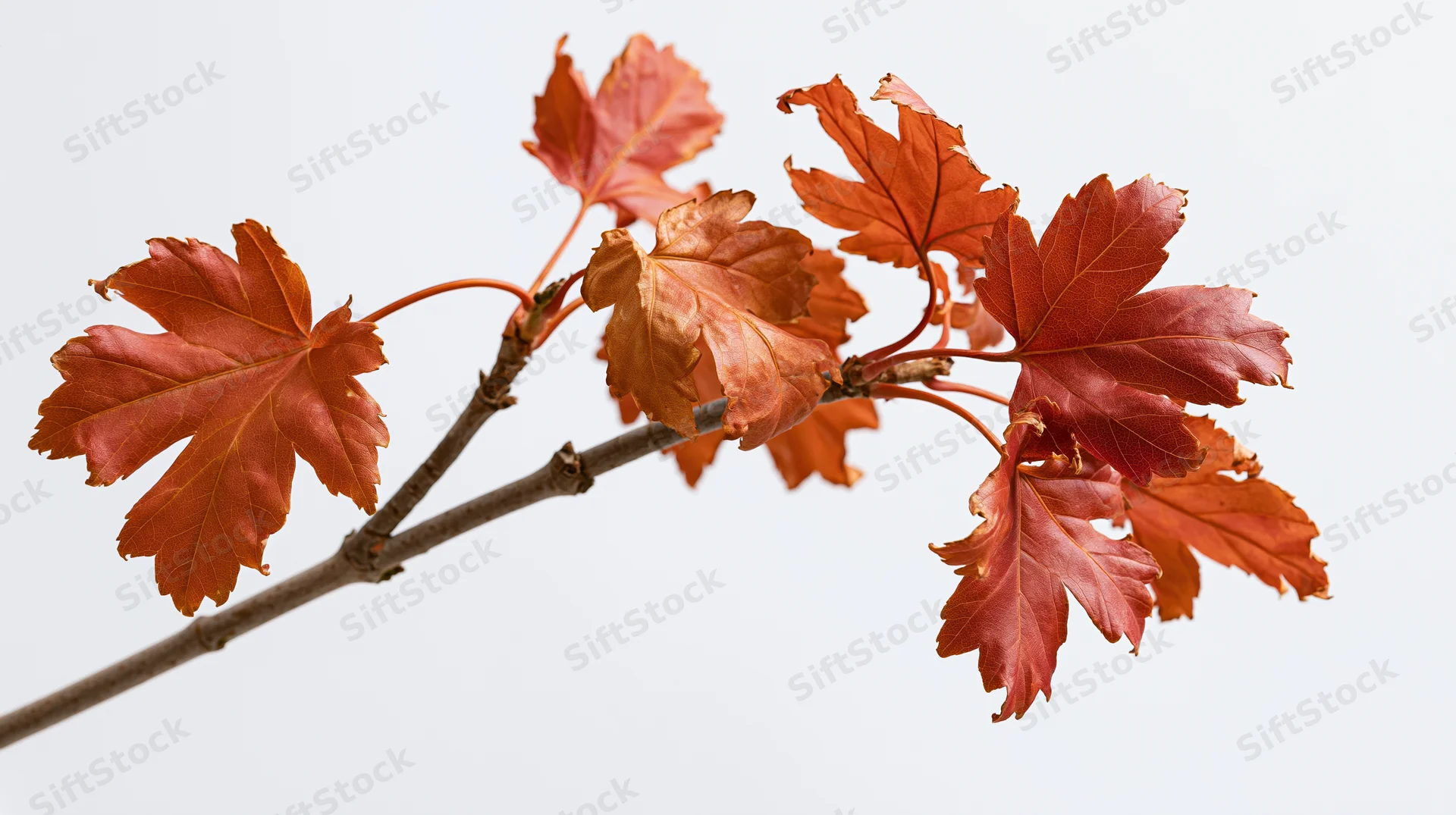 Maple branch with autumn leaves against white background