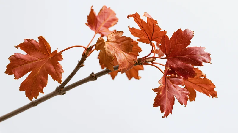 Maple branch with autumn leaves against white background