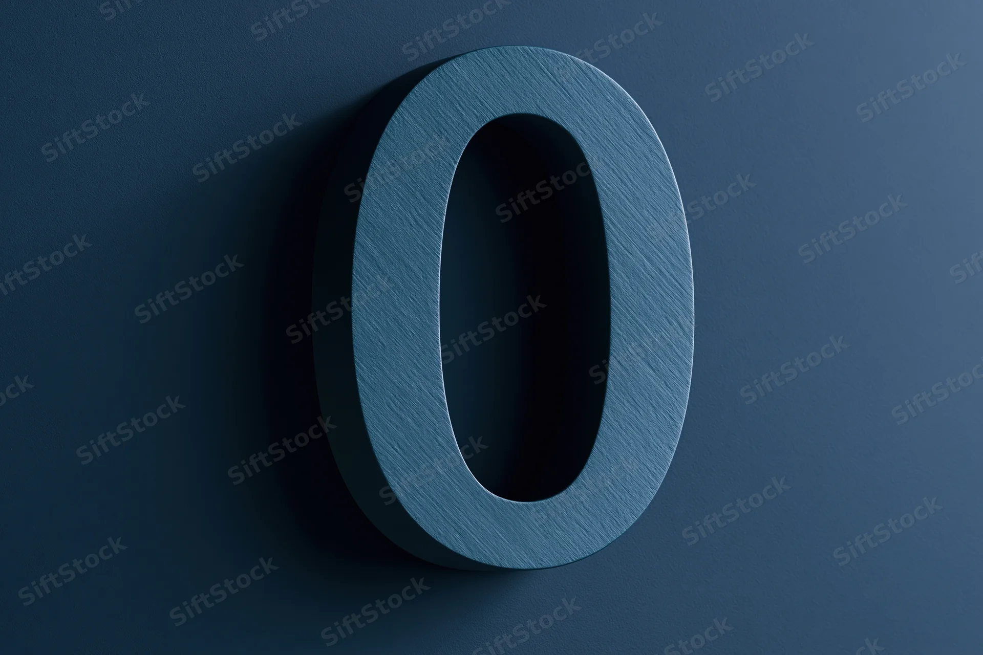 A three-dimensional matte dark teal zero mounted on a dark teal wall
