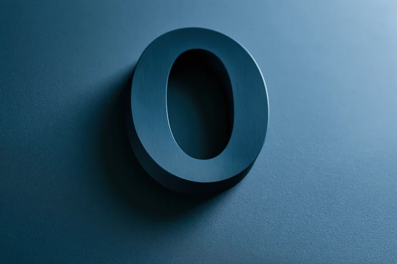A three-dimensional matte dark teal zero resting on a textured blue surface with soft shadow and copyspace