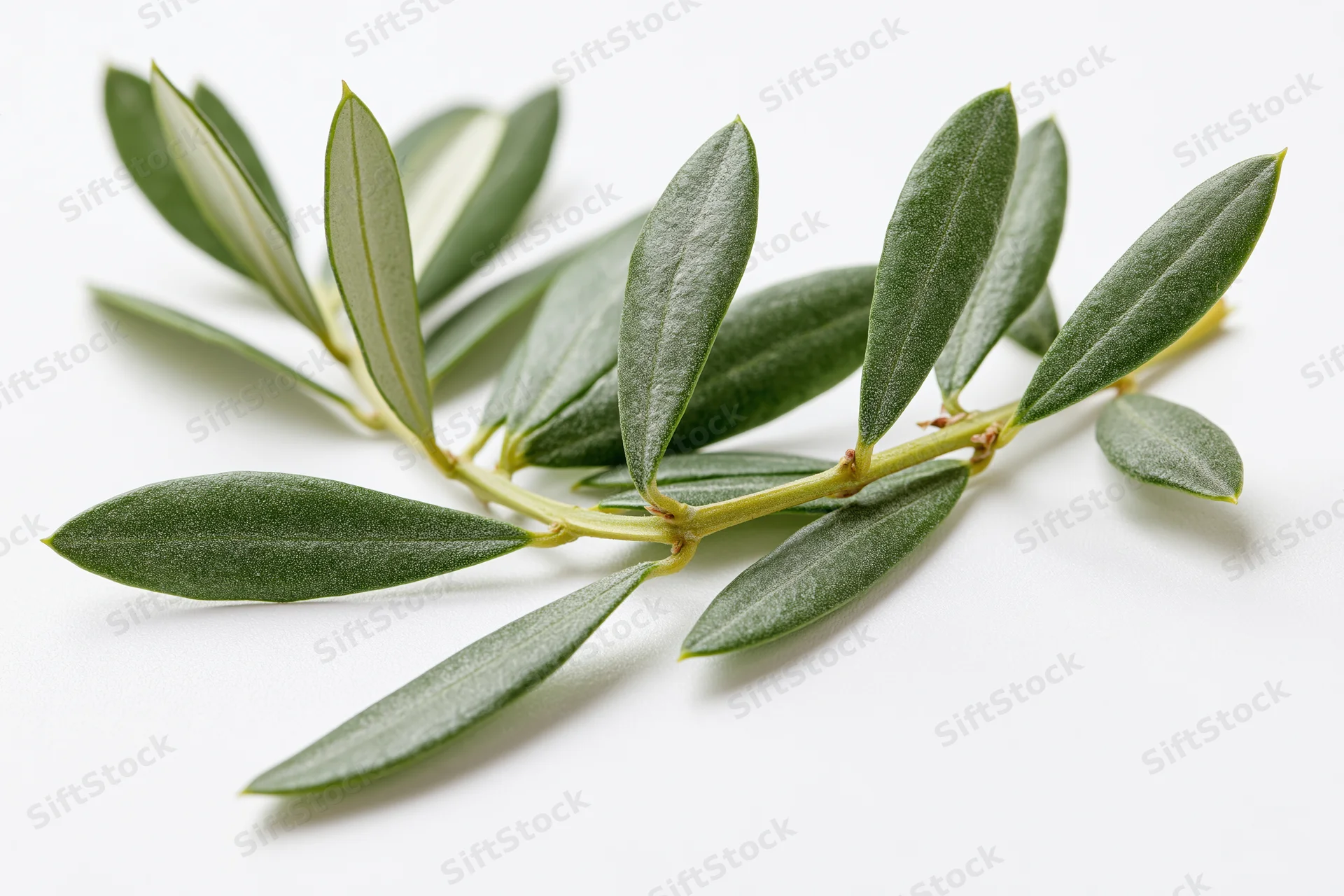 Olive branch with small oval leaves arranged along a stem on white background