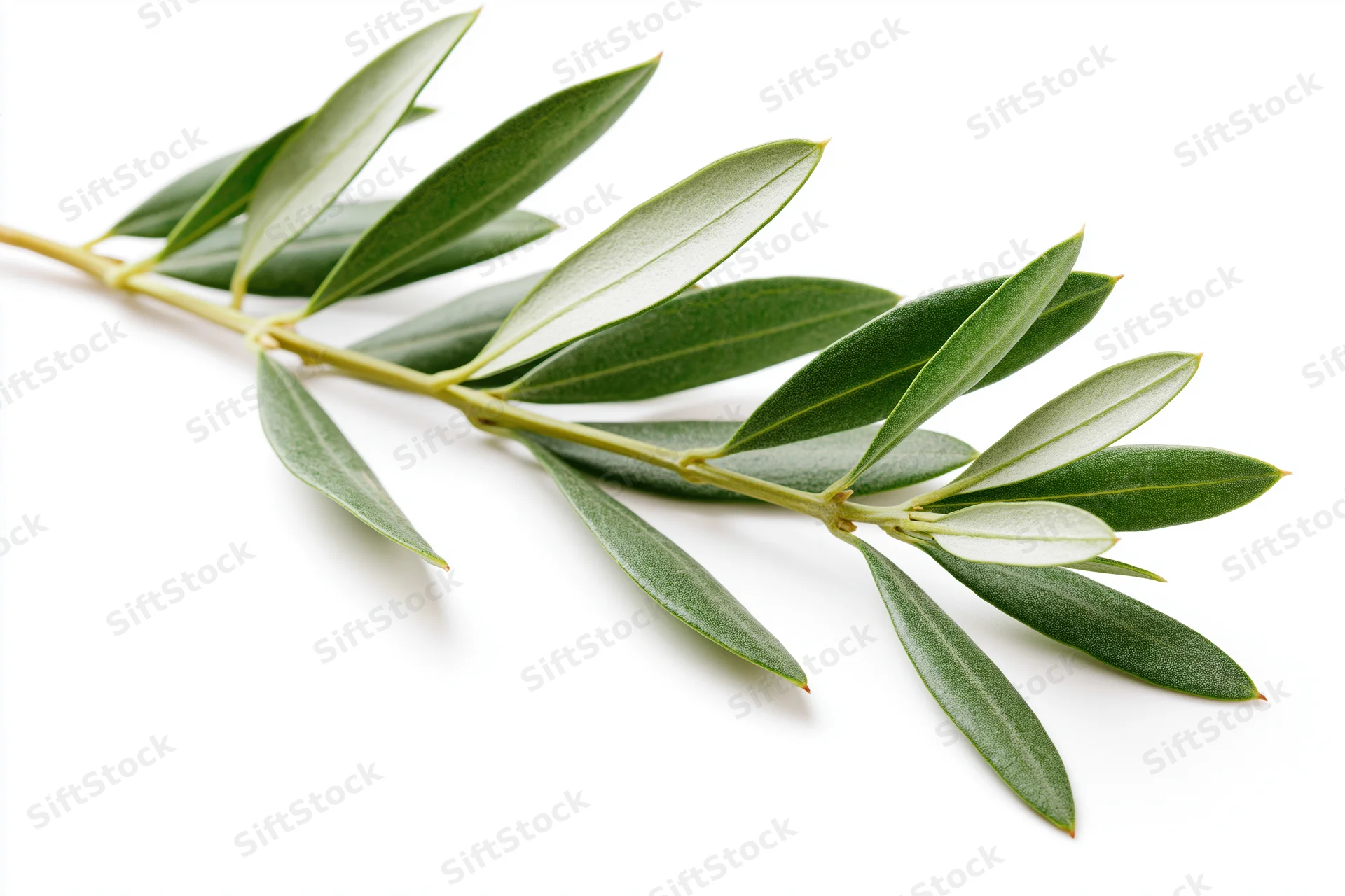 Olive branch with small oval leaves arranged along a stem on white background