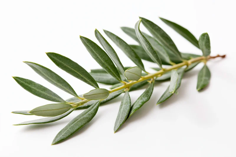 Olive branch with small oval leaves arranged along a stem on white background