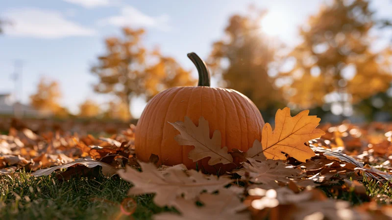 Orange pumpkin resting among dry autumn leaves on grass in a sunlit outdoor setting