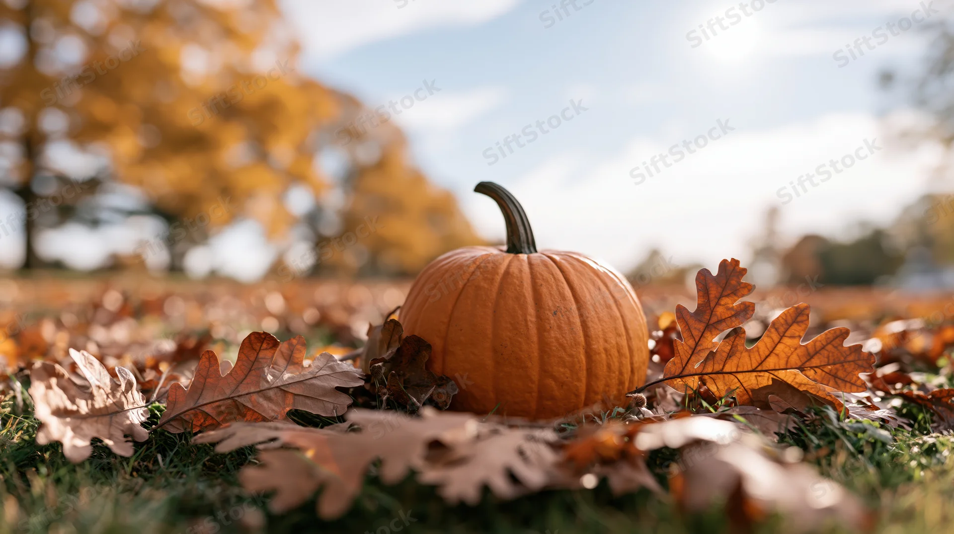 Orange pumpkin resting among dry autumn leaves on grass in a sunlit outdoor field