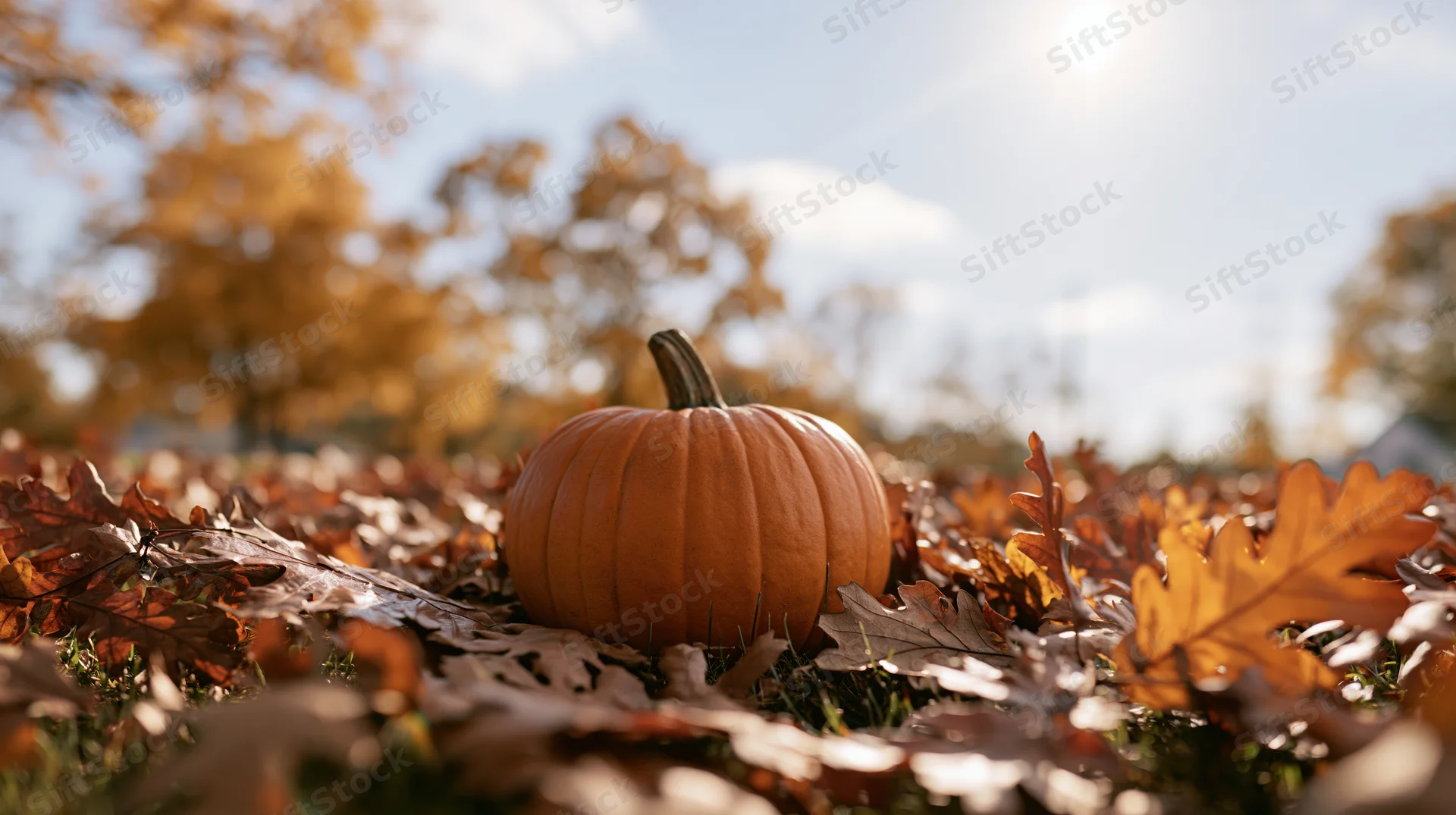 Orange pumpkin resting among scattered dry autumn leaves in a sunlit outdoor field